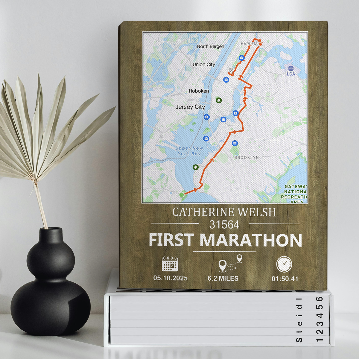 Custom first marathon achievement canvas with personalized 26.2 mile race route – marathon finisher running map gift.