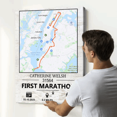 Custom first marathon achievement canvas with personalized 26.2 mile race route – marathon finisher running map gift.
