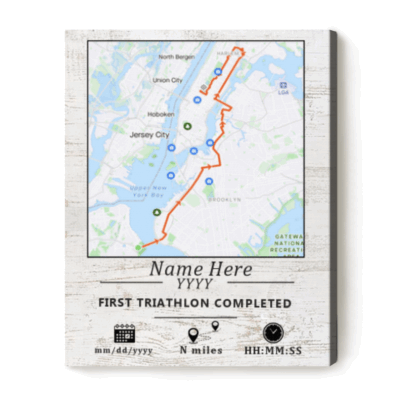 Custom first triathlon completion map print with personalized swim bike run route – triathlon achievement wall art gift.