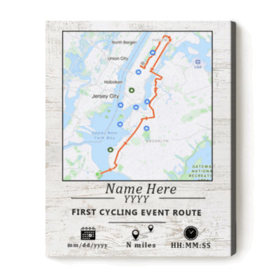Personalized cycling event finish canvas with custom ride map – cycling milestone décor gift for cyclists.