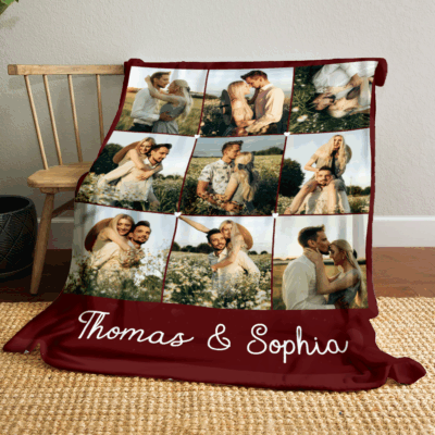 Personalized photo collage blanket with custom images – romantic memory fleece gift for anniversary or Valentine’s Day.