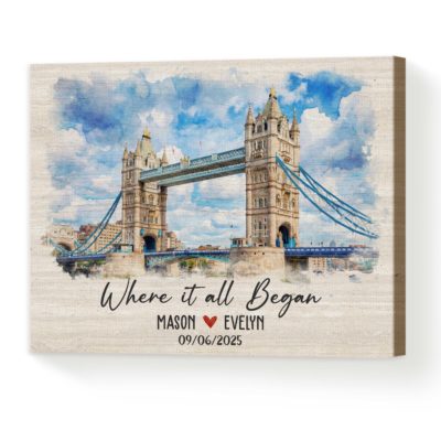 Custom first date portrait canvas showing where it all began – romantic anniversary and Valentine’s Day gift for couples.