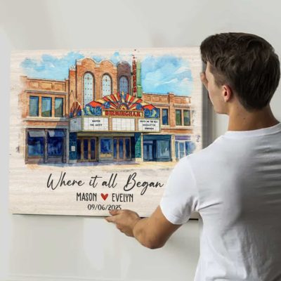 Custom first date portrait canvas showing where it all began – romantic anniversary and Valentine’s Day gift for couples.