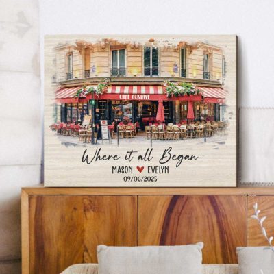 Custom first date portrait canvas showing where it all began – romantic anniversary and Valentine’s Day gift for couples.