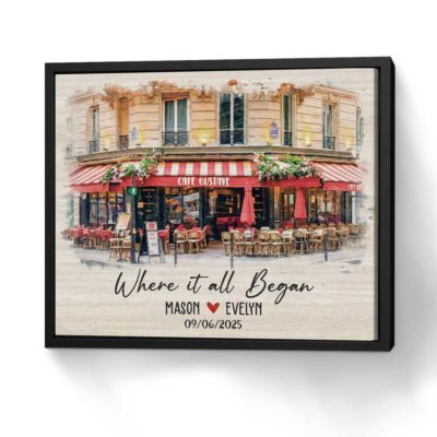 Custom first date portrait canvas showing where it all began – romantic anniversary and Valentine’s Day gift for couples.