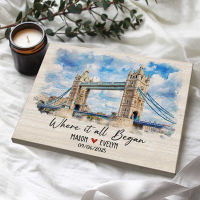 Custom first date portrait canvas showing where it all began – romantic anniversary and Valentine’s Day gift for couples.