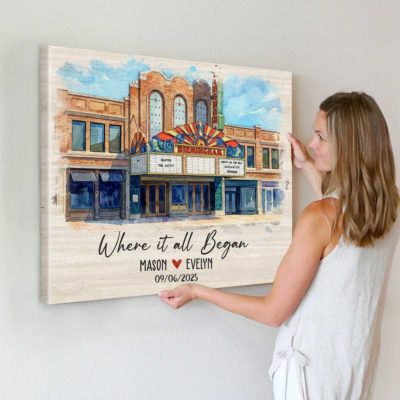 Custom first date portrait canvas showing where it all began – romantic anniversary and Valentine’s Day gift for couples.