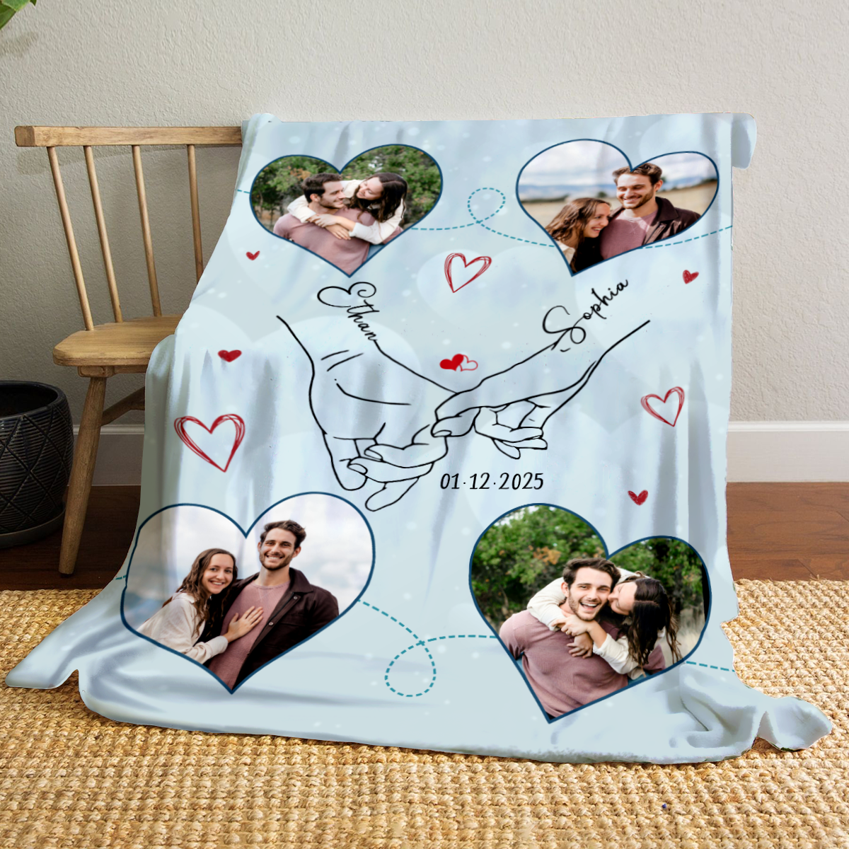 Personalized couple photo blanket with custom names and date – romantic Valentine’s, anniversary, or wedding gift.