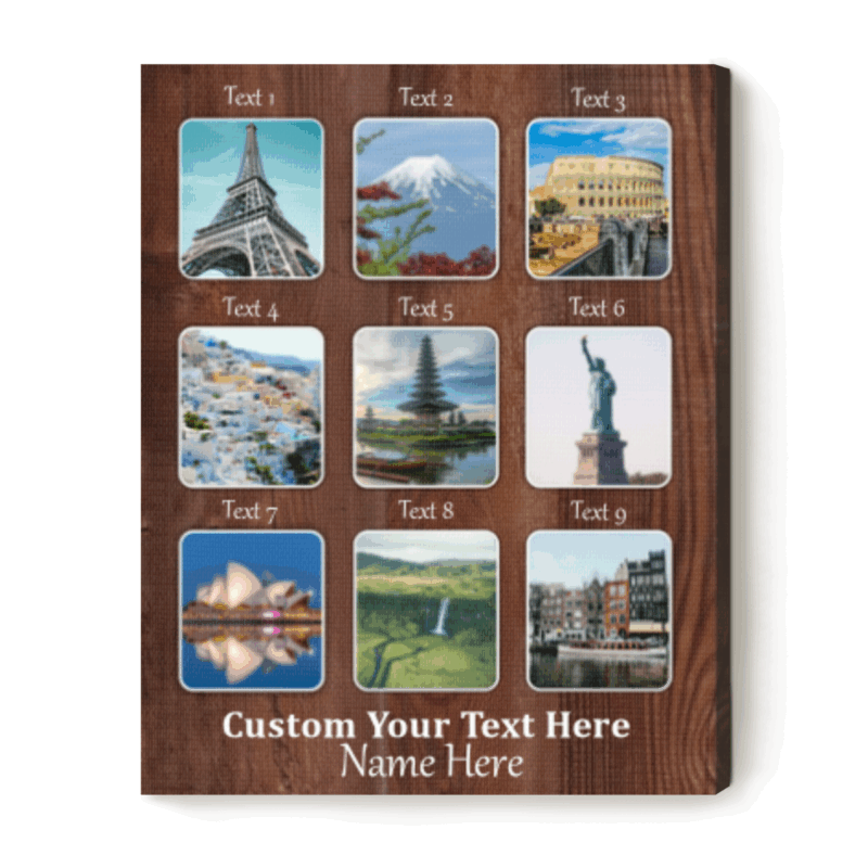 Personalized travel memories collage canvas with custom locations and text – favourite places souvenir gift for travel lovers.