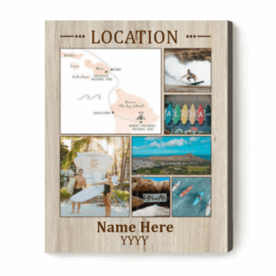 Personalized travel photo collage canvas with custom vacation photos – travel memory wall art gift for family or friends.