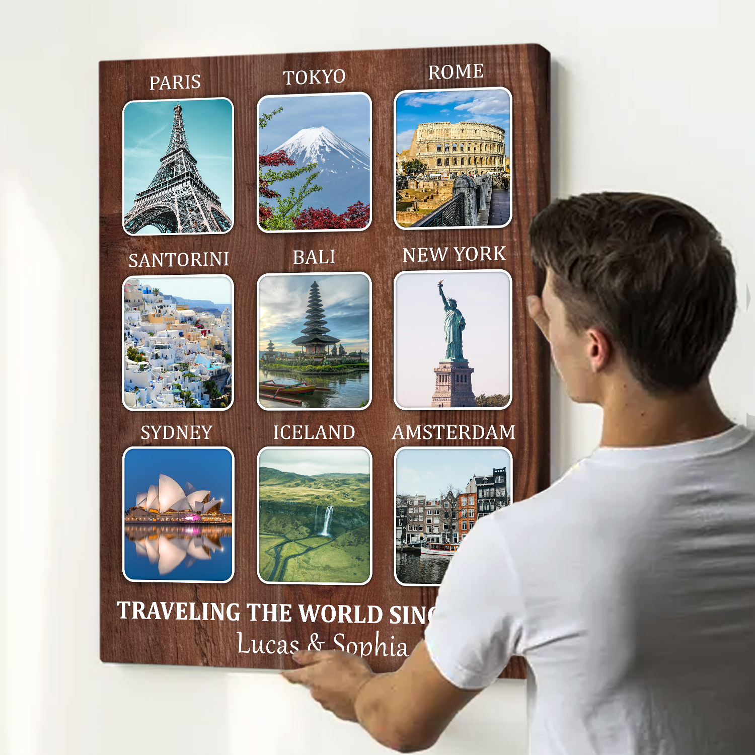 Personalized travel memories collage canvas with custom locations and text – favourite places souvenir gift for travel lovers.