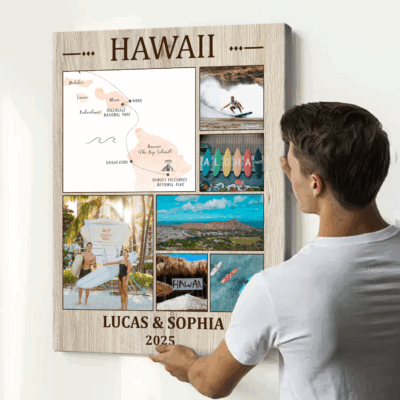 Personalized travel photo collage canvas with custom vacation photos – travel memory wall art gift for family or friends.