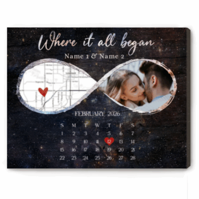 Personalized infinity couple canvas with custom infinity map, photo, and calendar – romantic anniversary or Valentine’s Day gift.