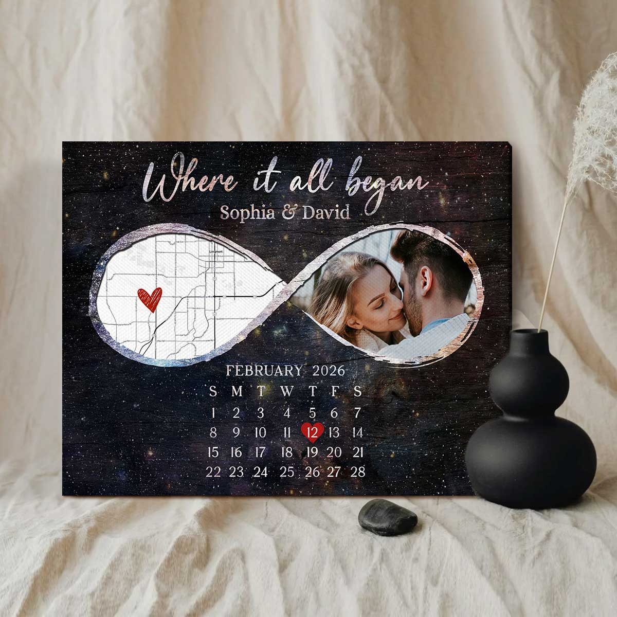 Personalized infinity couple canvas with custom infinity map, photo, and calendar – romantic anniversary or Valentine’s Day gift.