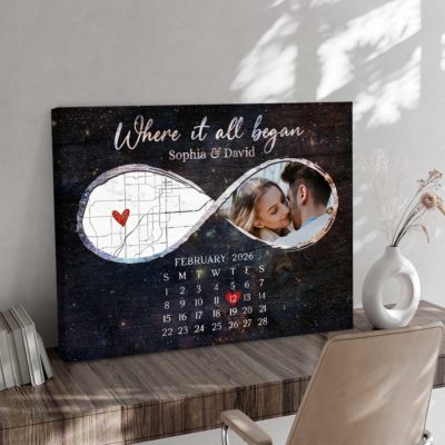 Personalized infinity couple canvas with custom infinity map, photo, and calendar – romantic anniversary or Valentine’s Day gift.