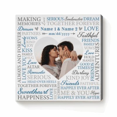 Custom Word Cloud with Photo Canvas - Anniversary Wedding Gift with couple photo in heart shape, personalized names and date, anniversary wedding wall art, romantic Valentine gift for couple.