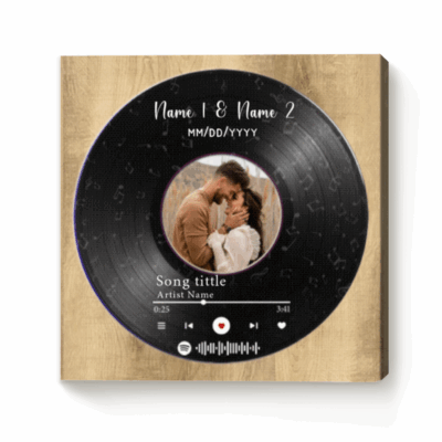 Personalized vinyl record canvas art with custom photo – romantic Valentine’s music wall art keepsake for couples.