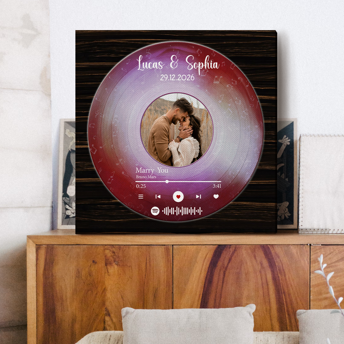 Personalized vinyl record canvas art with custom photo – romantic Valentine’s music wall art keepsake for couples.