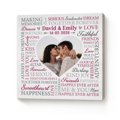 Custom Word Cloud with Photo Canvas - Anniversary Wedding Gift with couple photo in heart shape, personalized names and date, anniversary wedding wall art, romantic Valentine gift for couple.