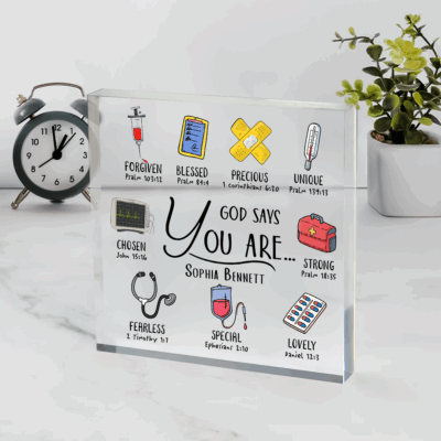 Personalized Christian nurse acrylic plaque with ‘God Says You Are’ message and custom name – faith-based nursing keepsake gift.