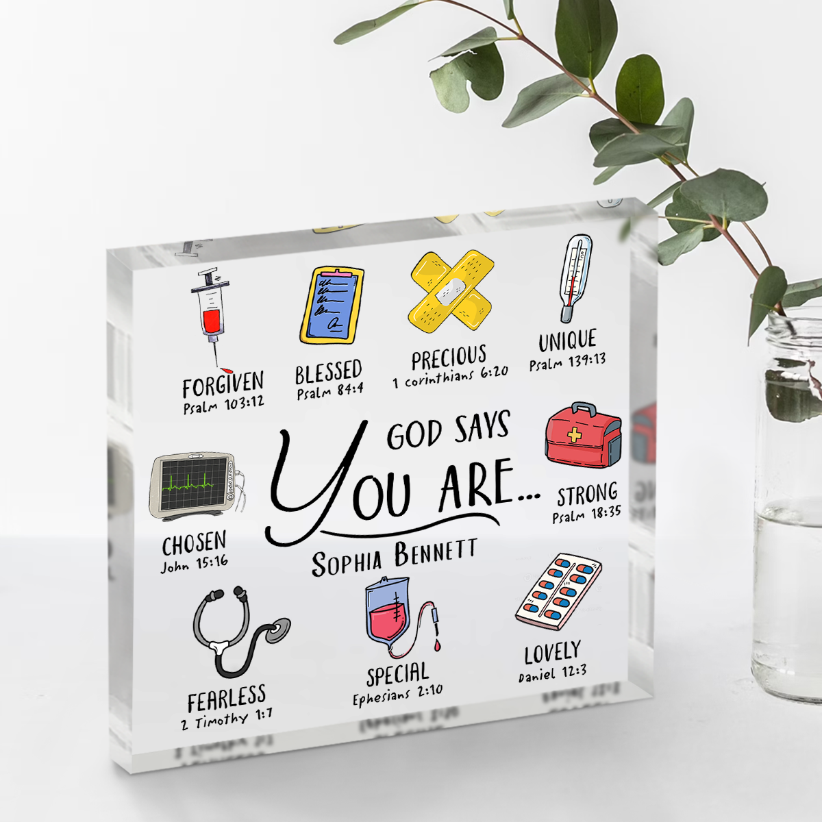 Personalized Christian nurse acrylic plaque with ‘God Says You Are’ message and custom name – faith-based nursing keepsake gift.