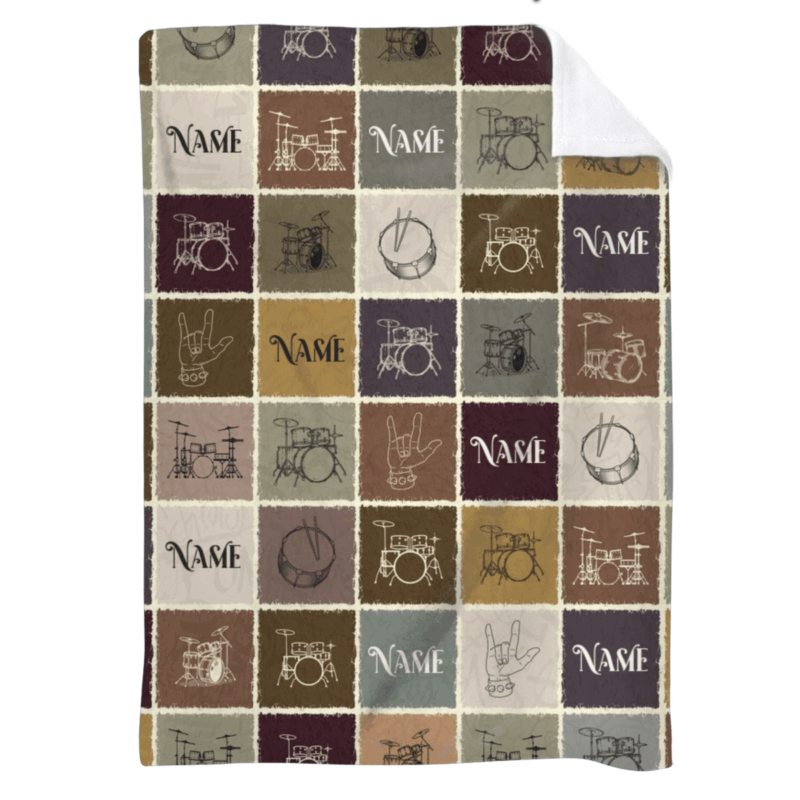 Personalized drum blanket with custom name – cozy drummer-themed gift and music lover home décor.