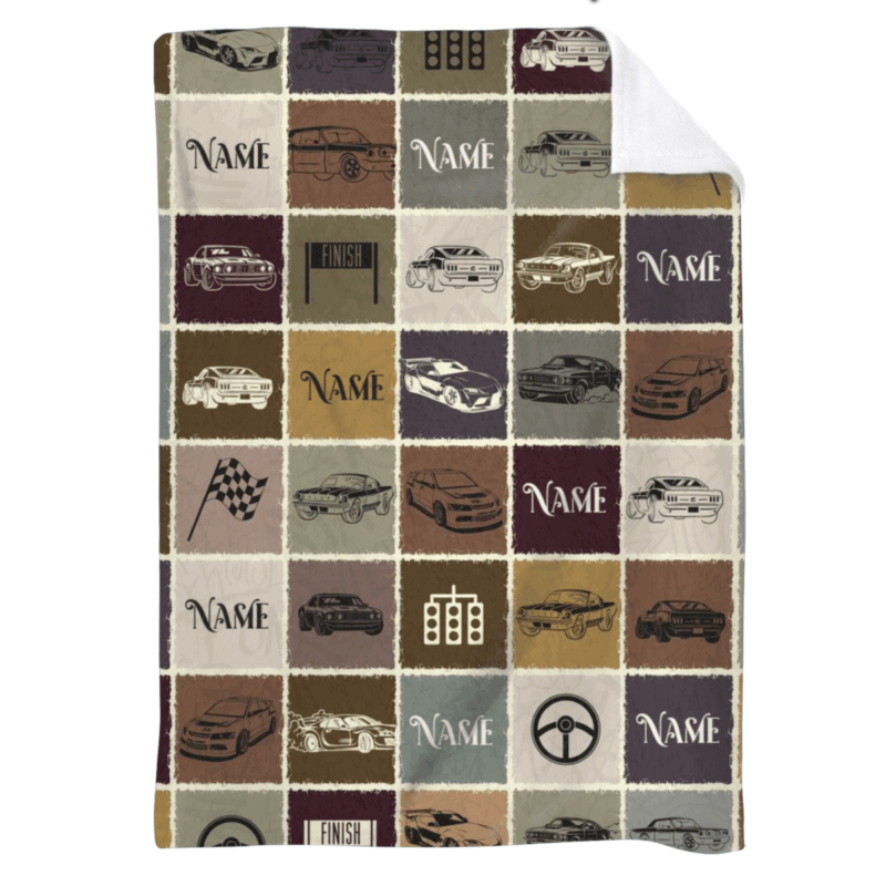 Personalized race car blanket with custom name – motorsport-themed cozy gift for racing fans.