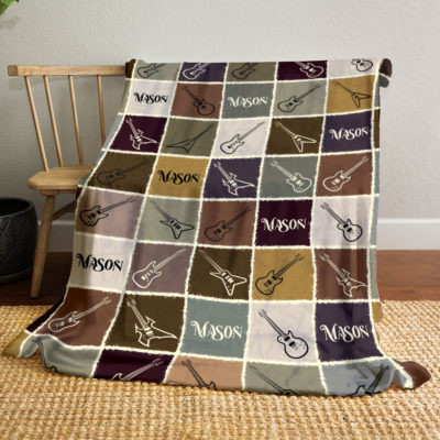 Personalized guitar blanket with custom name – cozy music blanket gift for guitarist and music lovers.