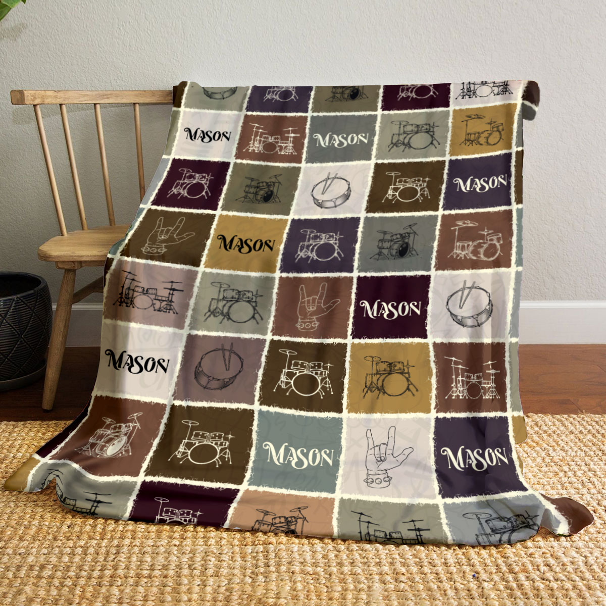 Personalized drum blanket with custom name – cozy drummer-themed gift and music lover home décor.