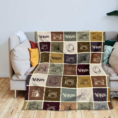 Personalized drum blanket with custom name – cozy drummer-themed gift and music lover home décor.