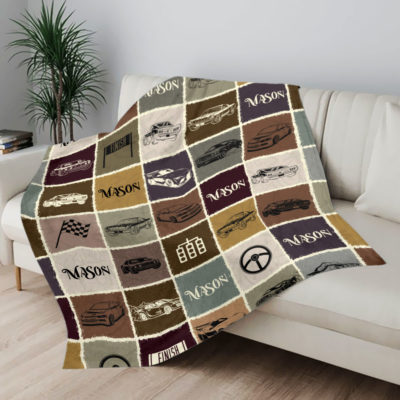 Personalized race car blanket with custom name – motorsport-themed cozy gift for racing fans.