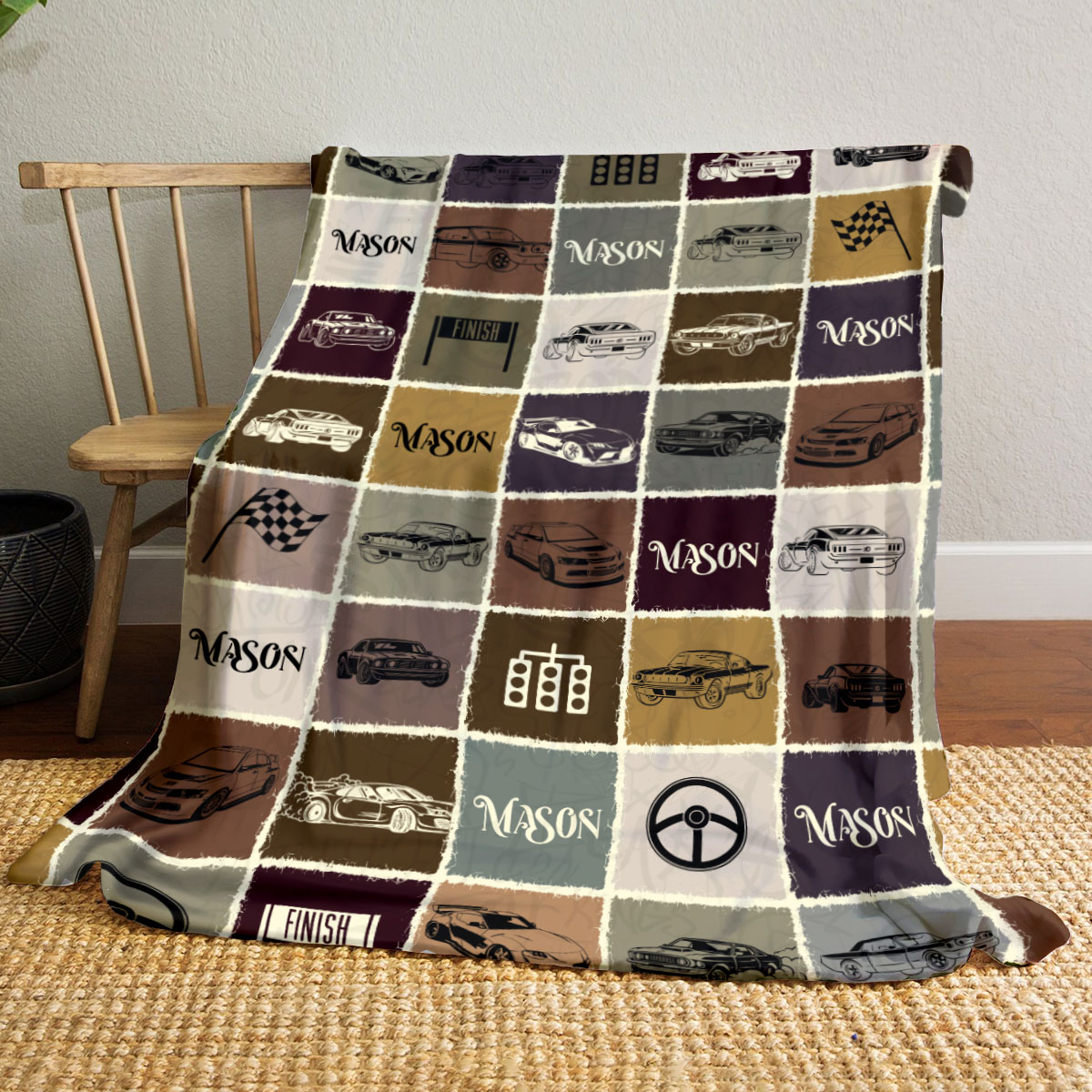 Personalized race car blanket with custom name – motorsport-themed cozy gift for racing fans.