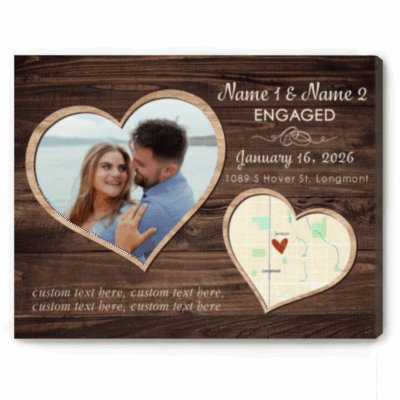 Personalized Engagement Photo Map Canvas - Newly Engaged Gift with custom location map, photo, date and text, newly engaged gift, engagement map wall art keepsake.