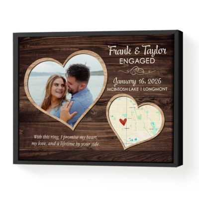 Personalized Engagement Photo Map Canvas - Newly Engaged Gift with custom location map, photo, date and text, newly engaged gift, engagement map wall art keepsake.