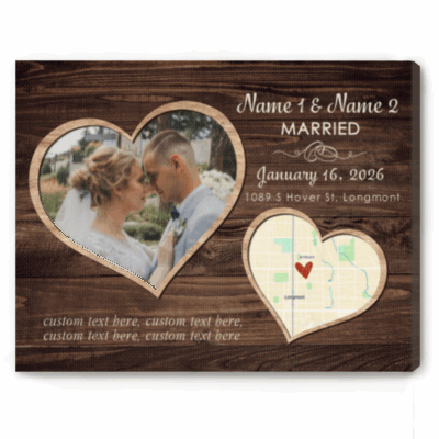 Personalized Married Map Photo Canvas - Newlywed Gift with custom location map, couple photo, names and wedding date, newlywed wedding gift, map print married wall art.