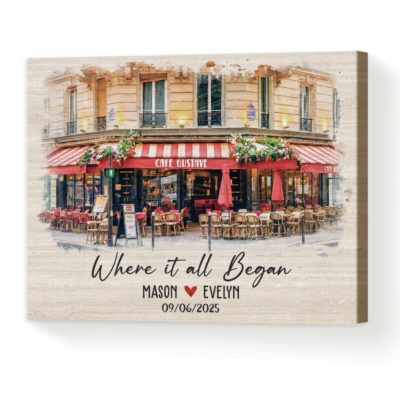 Custom first date portrait canvas showing where it all began – romantic anniversary and Valentine’s Day gift for couples.