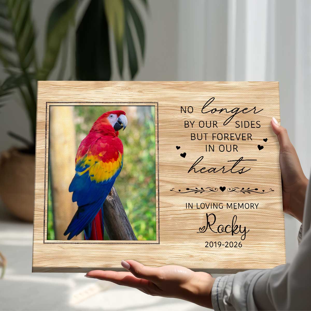Personalized parrot memorial canvas with photo and name – sympathy gift for bird owners remembering a beloved parakeet.
