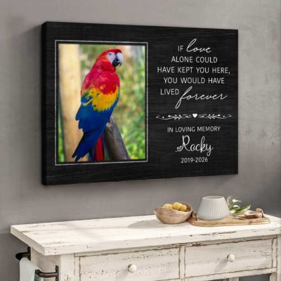 Personalized parrot memorial canvas with photo and name – sympathy gift for bird owners remembering a beloved parakeet.
