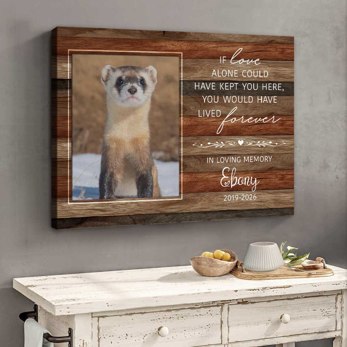 Personalized ferret memorial canvas with photo and name – sympathy gift for ferret owners.