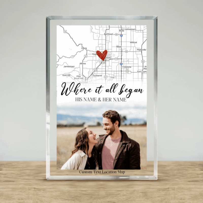Personalized couple location map acrylic plaque with custom photo – romantic where it all began Valentine gift for partner.
