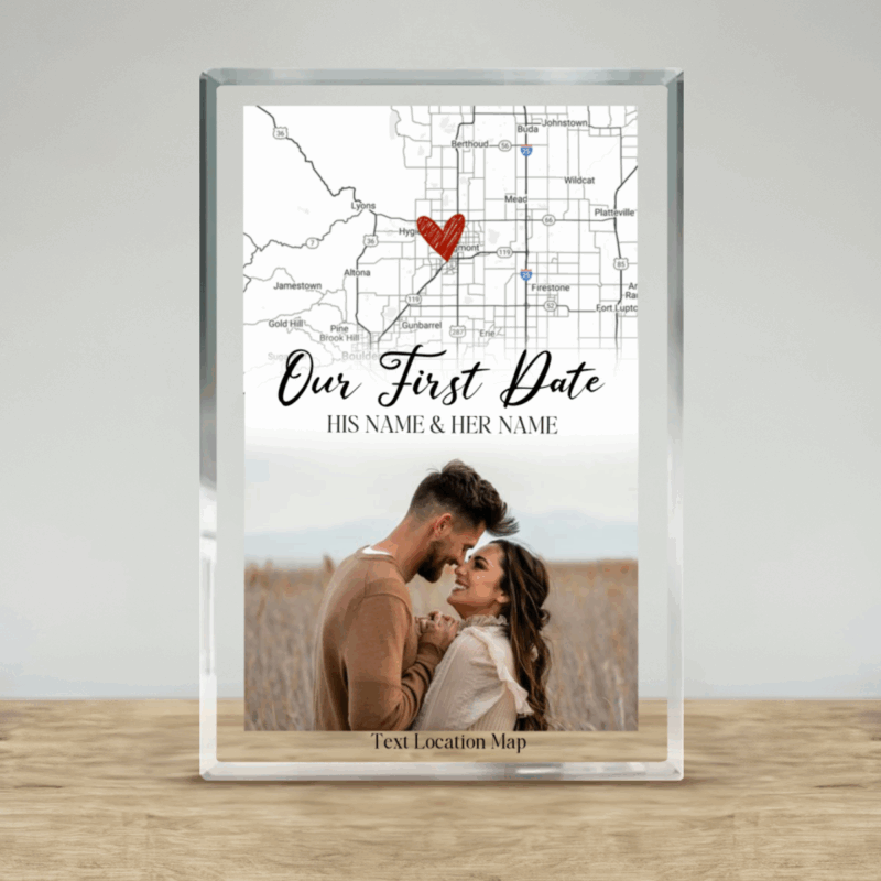 Personalized first date map acrylic block – custom location keepsake for Valentine’s Day and anniversary gift.