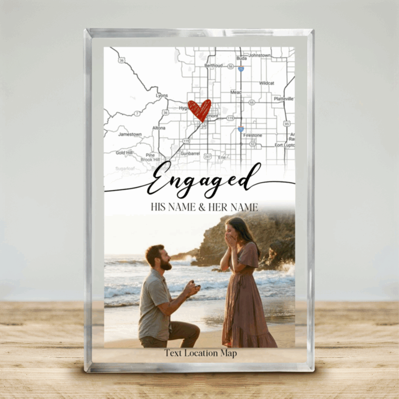 Custom engagement map acrylic plaque with photo – personalized location keepsake and engagement gift for couples.