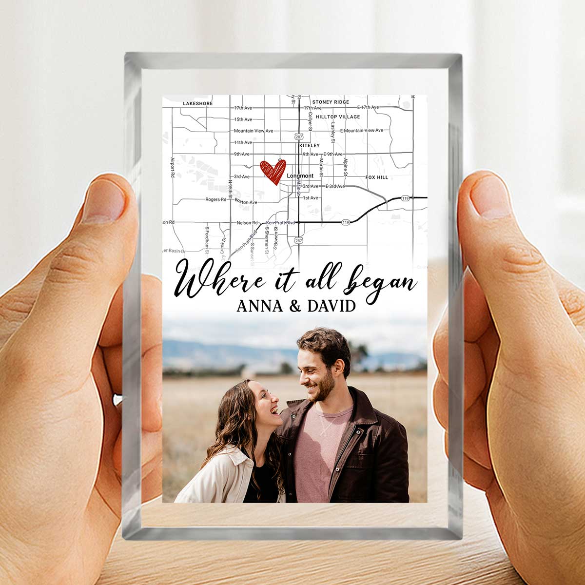 Personalized couple location map acrylic plaque with custom photo – romantic where it all began Valentine gift for partner.