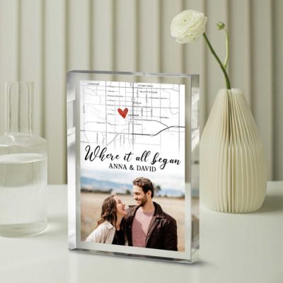 Personalized couple location map acrylic plaque with custom photo – romantic where it all began Valentine gift for partner.