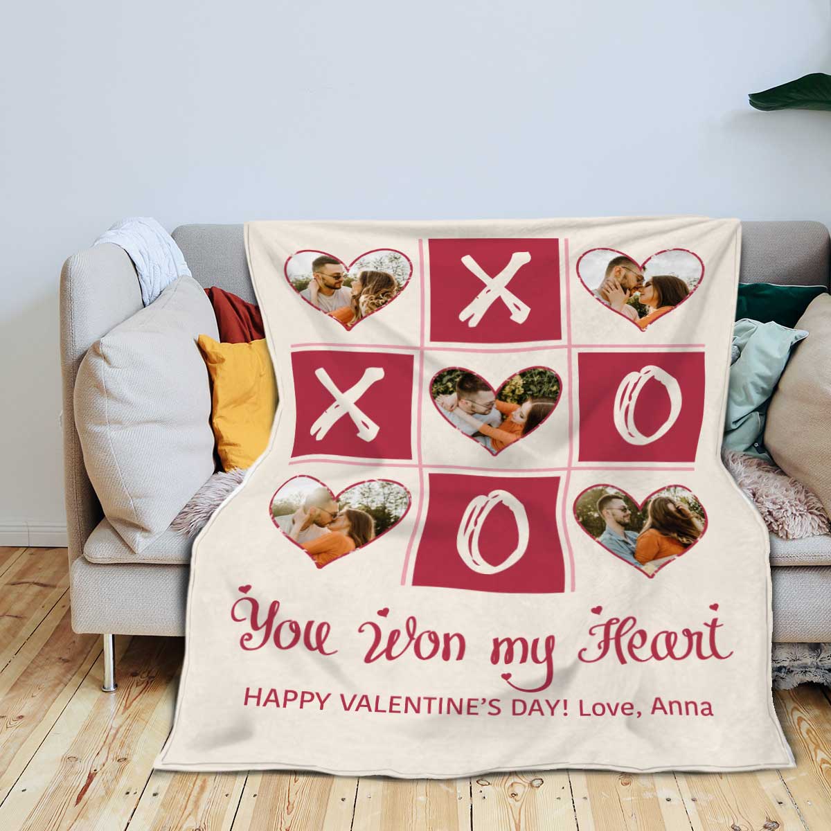 Personalized XOXO photo blanket – romantic Valentine’s Day collage fleece blanket for couples.