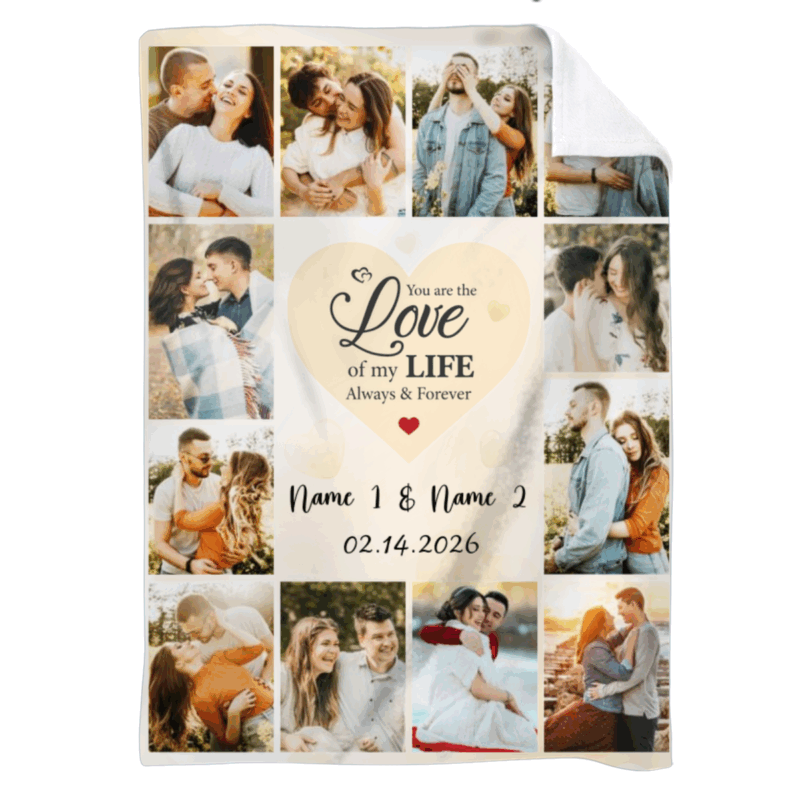Personalized Couple Photo Collage Blanket - Couple Valentines Gift with multiple romantic photos, custom couple names and date, Valentine gift for couple, cozy picture collage blanket.