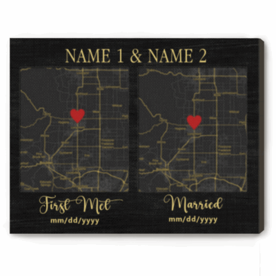 Personalized two location map print – custom met and married map anniversary and wedding keepsake for couples.