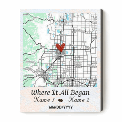 Personalized map canvas print with custom location – romantic Valentine’s Day and wedding anniversary keepsake for couples.