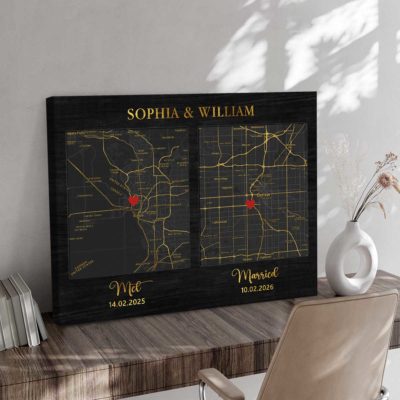 Personalized two location map print – custom met and married map anniversary and wedding keepsake for couples.