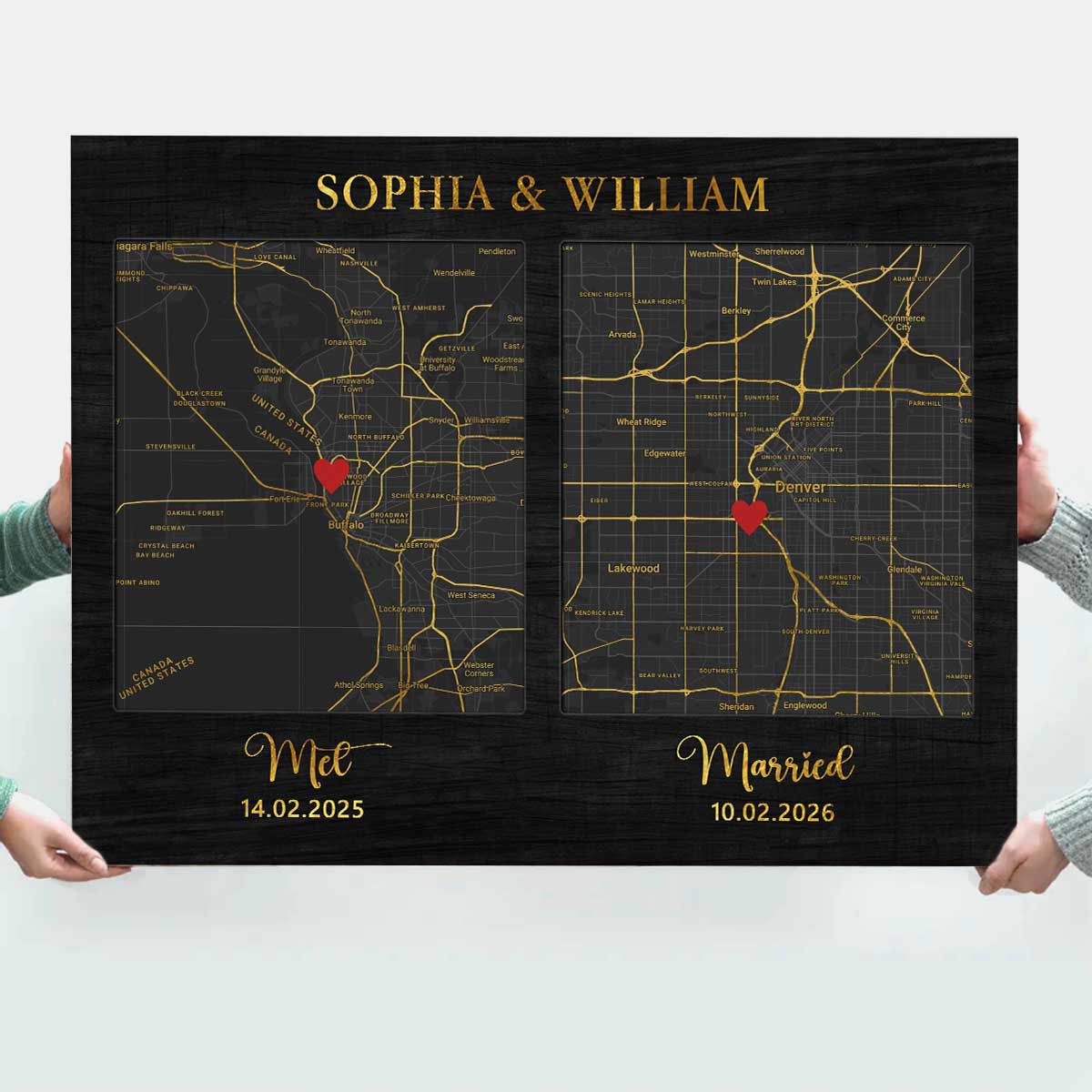 Personalized two location map print – custom met and married map anniversary and wedding keepsake for couples.